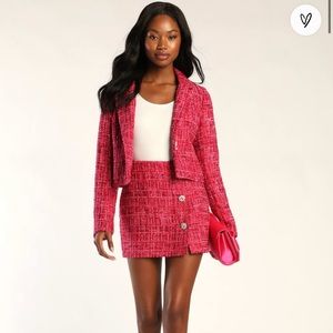 Lulus Preppy Perfection Pink Boucle Rhinestone Button Mini Skirt